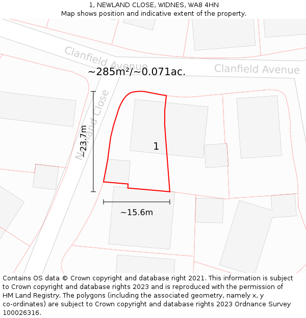 1, NEWLAND CLOSE, WIDNES, WA8 4HN: Plot and title map