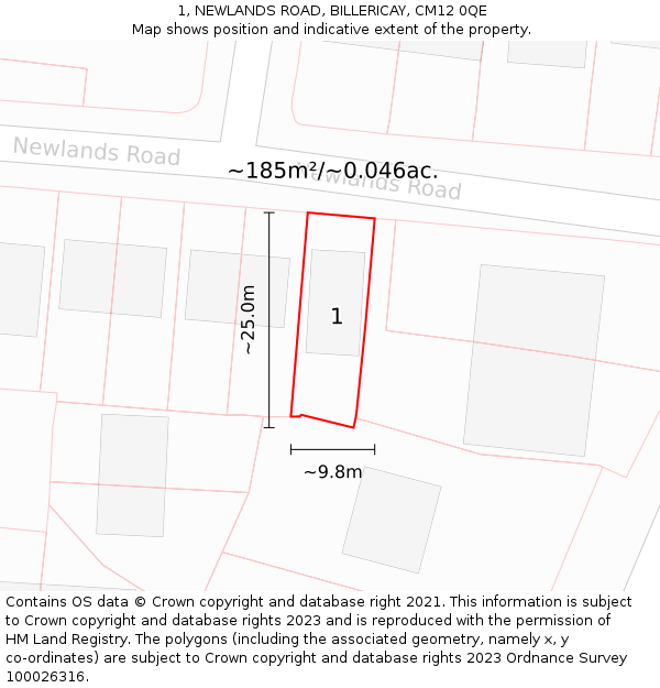1, NEWLANDS ROAD, BILLERICAY, CM12 0QE: Plot and title map