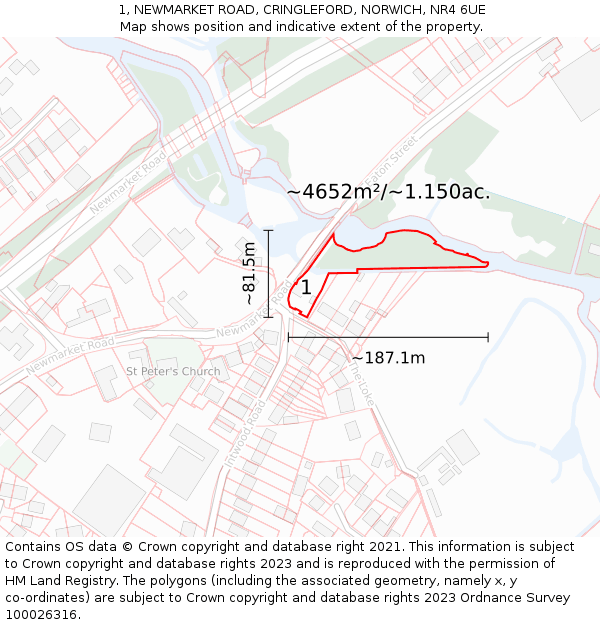 1, NEWMARKET ROAD, CRINGLEFORD, NORWICH, NR4 6UE: Plot and title map