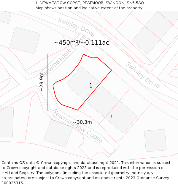 1, NEWMEADOW COPSE, PEATMOOR, SWINDON, SN5 5AQ: Plot and title map