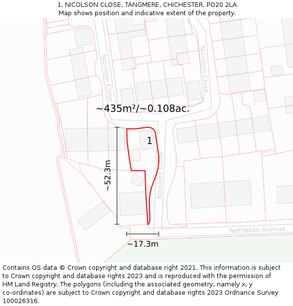1, NICOLSON CLOSE, TANGMERE, CHICHESTER, PO20 2LA: Plot and title map