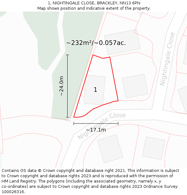 1, NIGHTINGALE CLOSE, BRACKLEY, NN13 6PN: Plot and title map