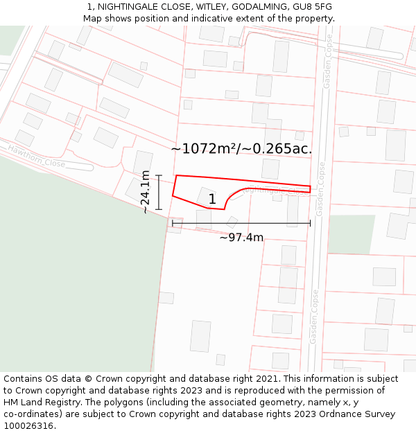1, NIGHTINGALE CLOSE, WITLEY, GODALMING, GU8 5FG: Plot and title map