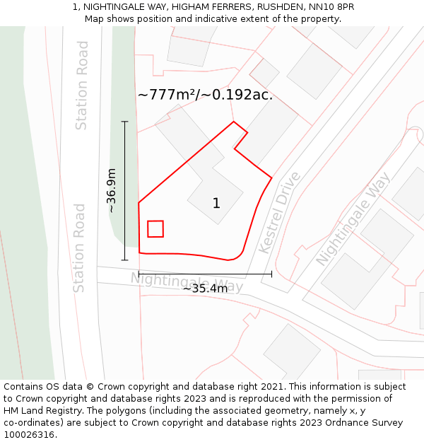 1, NIGHTINGALE WAY, HIGHAM FERRERS, RUSHDEN, NN10 8PR: Plot and title map