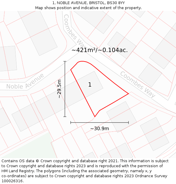 1, NOBLE AVENUE, BRISTOL, BS30 8YY: Plot and title map