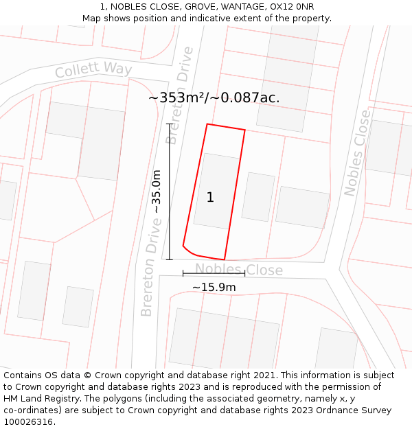 1, NOBLES CLOSE, GROVE, WANTAGE, OX12 0NR: Plot and title map