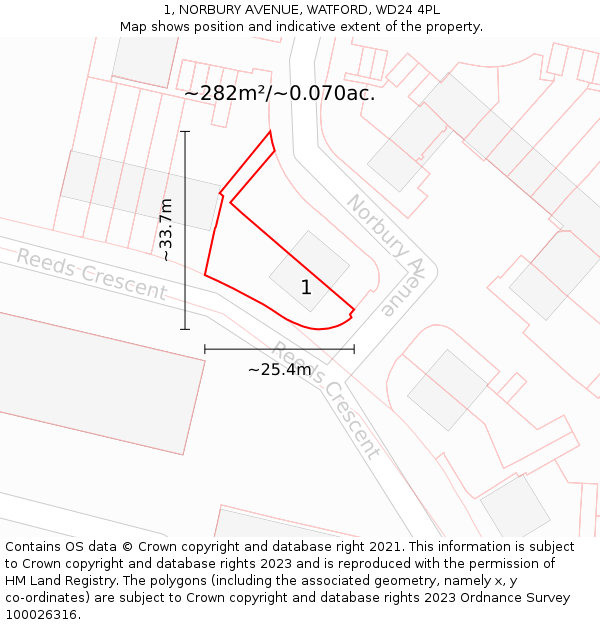 1, NORBURY AVENUE, WATFORD, WD24 4PL: Plot and title map