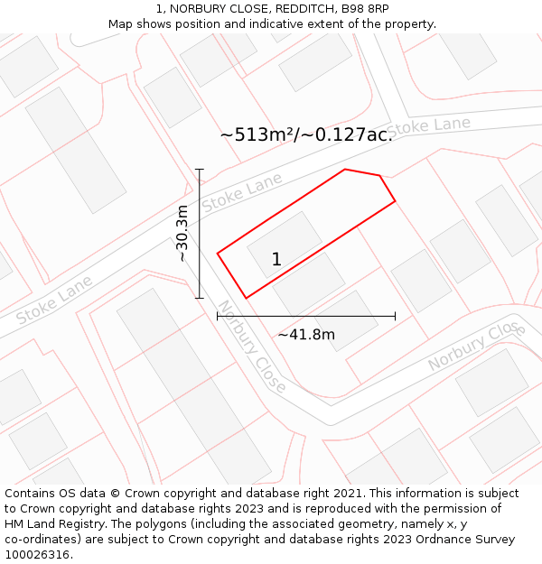 1, NORBURY CLOSE, REDDITCH, B98 8RP: Plot and title map