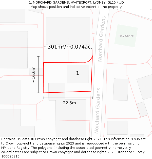 1, NORCHARD GARDENS, WHITECROFT, LYDNEY, GL15 4UD: Plot and title map
