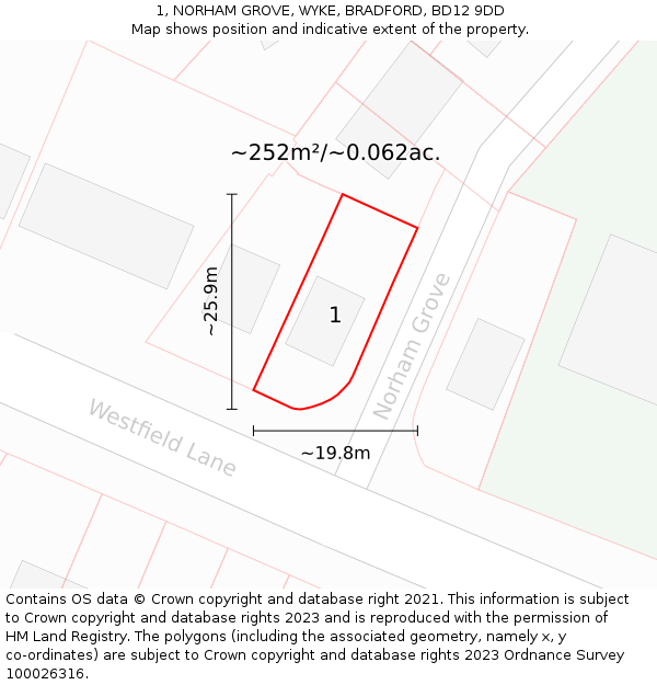 1, NORHAM GROVE, WYKE, BRADFORD, BD12 9DD: Plot and title map