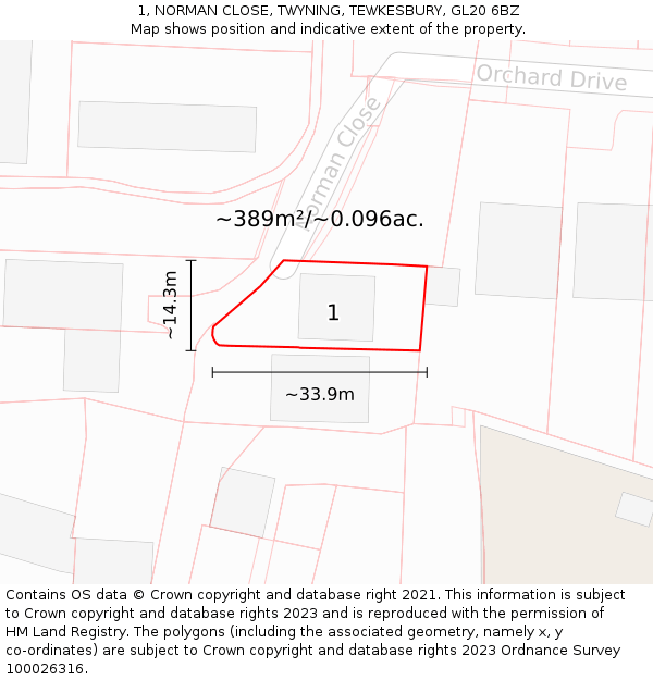 1, NORMAN CLOSE, TWYNING, TEWKESBURY, GL20 6BZ: Plot and title map