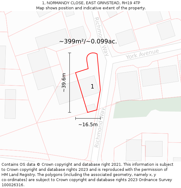 1, NORMANDY CLOSE, EAST GRINSTEAD, RH19 4TP: Plot and title map