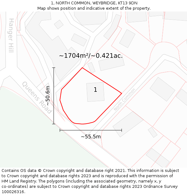 1, NORTH COMMON, WEYBRIDGE, KT13 9DN: Plot and title map