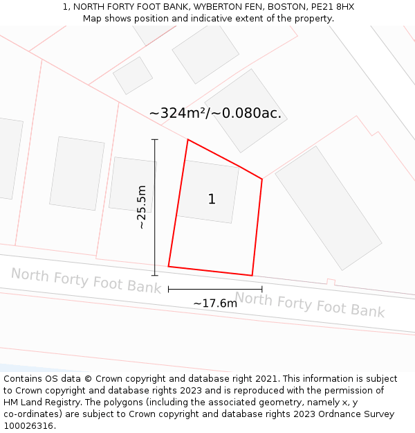 1, NORTH FORTY FOOT BANK, WYBERTON FEN, BOSTON, PE21 8HX: Plot and title map