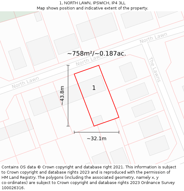 1, NORTH LAWN, IPSWICH, IP4 3LL: Plot and title map