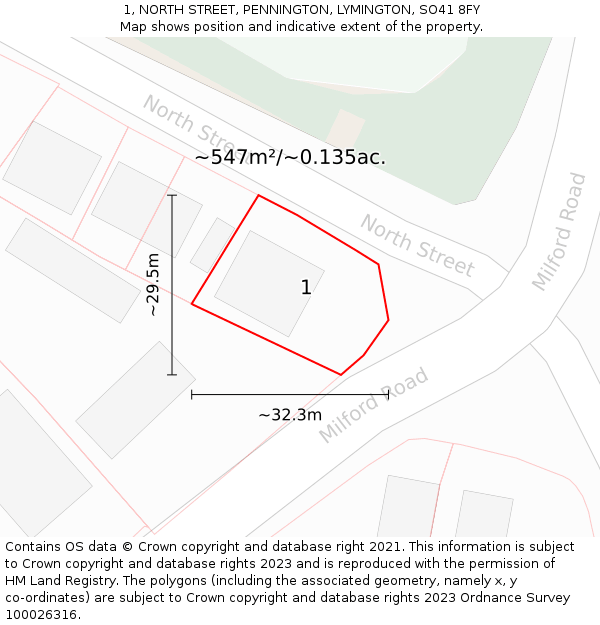 1, NORTH STREET, PENNINGTON, LYMINGTON, SO41 8FY: Plot and title map