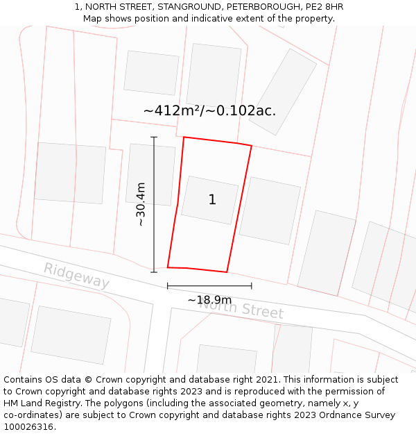 1, NORTH STREET, STANGROUND, PETERBOROUGH, PE2 8HR: Plot and title map