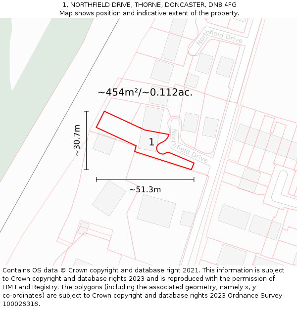 1, NORTHFIELD DRIVE, THORNE, DONCASTER, DN8 4FG: Plot and title map