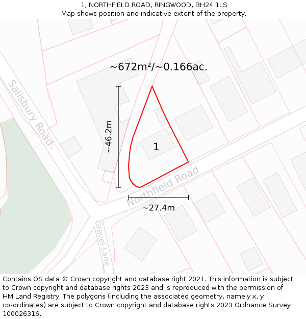 1, NORTHFIELD ROAD, RINGWOOD, BH24 1LS: Plot and title map