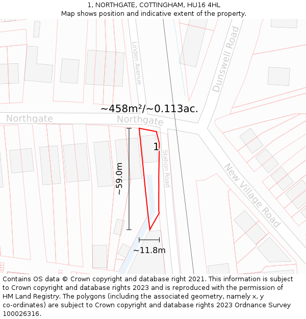 1, NORTHGATE, COTTINGHAM, HU16 4HL: Plot and title map