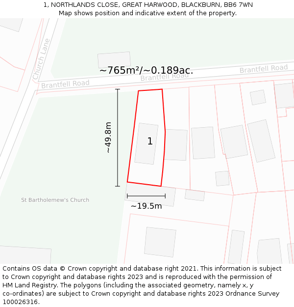 1, NORTHLANDS CLOSE, GREAT HARWOOD, BLACKBURN, BB6 7WN: Plot and title map