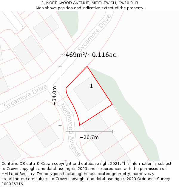 1, NORTHWOOD AVENUE, MIDDLEWICH, CW10 0HR: Plot and title map