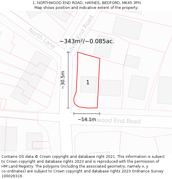 1, NORTHWOOD END ROAD, HAYNES, BEDFORD, MK45 3PN: Plot and title map