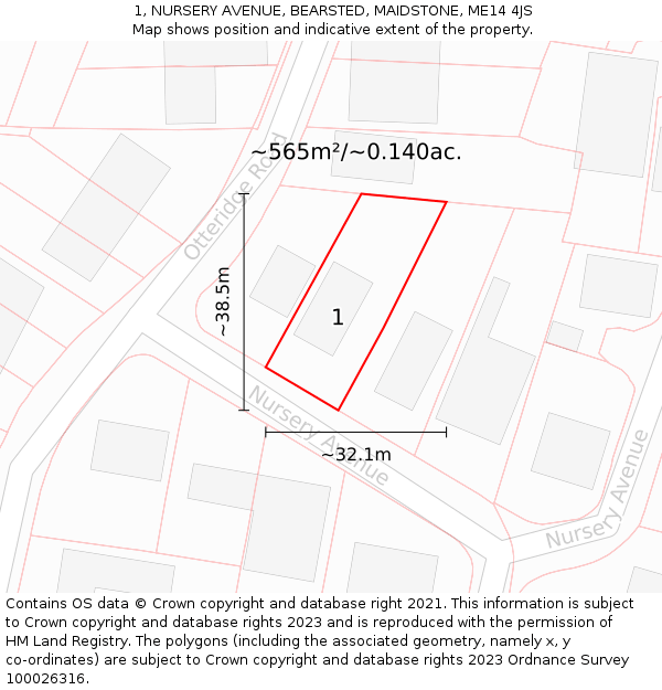 1, NURSERY AVENUE, BEARSTED, MAIDSTONE, ME14 4JS: Plot and title map