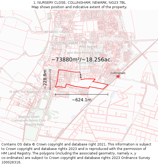 1, NURSERY CLOSE, COLLINGHAM, NEWARK, NG23 7BL: Plot and title map