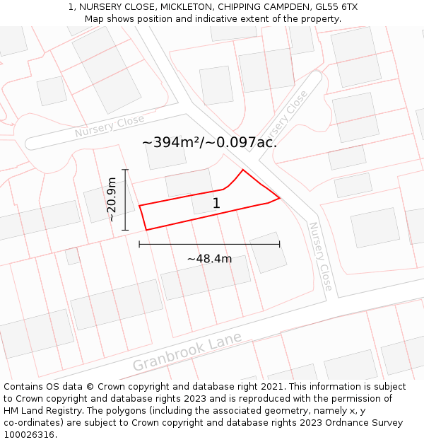1, NURSERY CLOSE, MICKLETON, CHIPPING CAMPDEN, GL55 6TX: Plot and title map