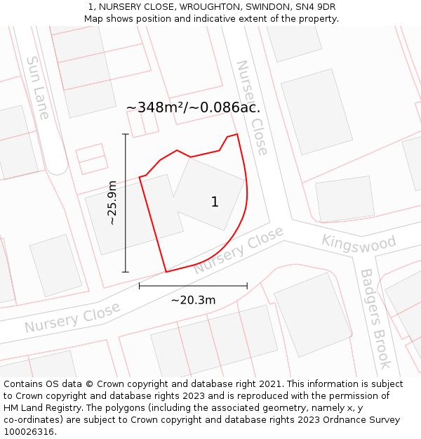 1, NURSERY CLOSE, WROUGHTON, SWINDON, SN4 9DR: Plot and title map