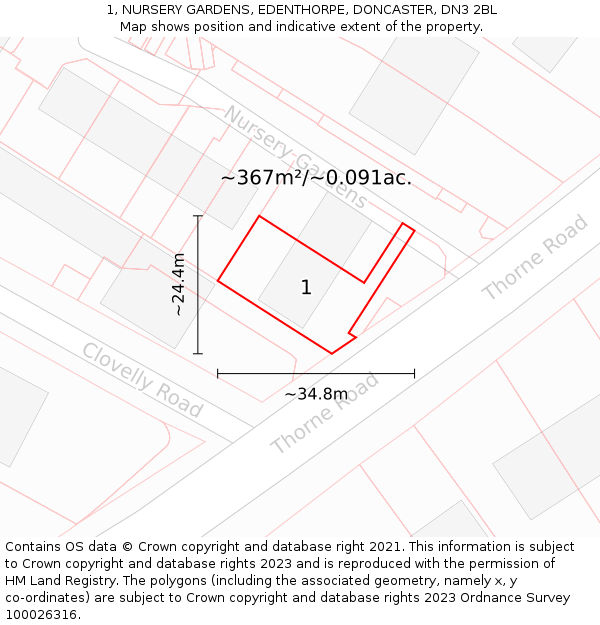 1, NURSERY GARDENS, EDENTHORPE, DONCASTER, DN3 2BL: Plot and title map