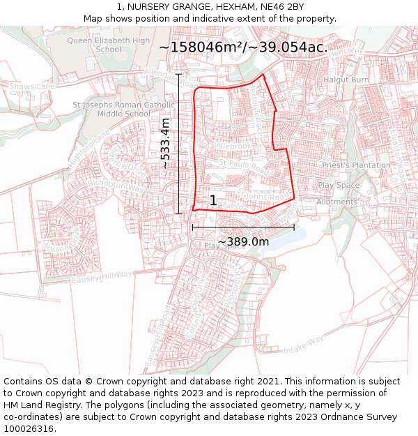 1, NURSERY GRANGE, HEXHAM, NE46 2BY: Plot and title map