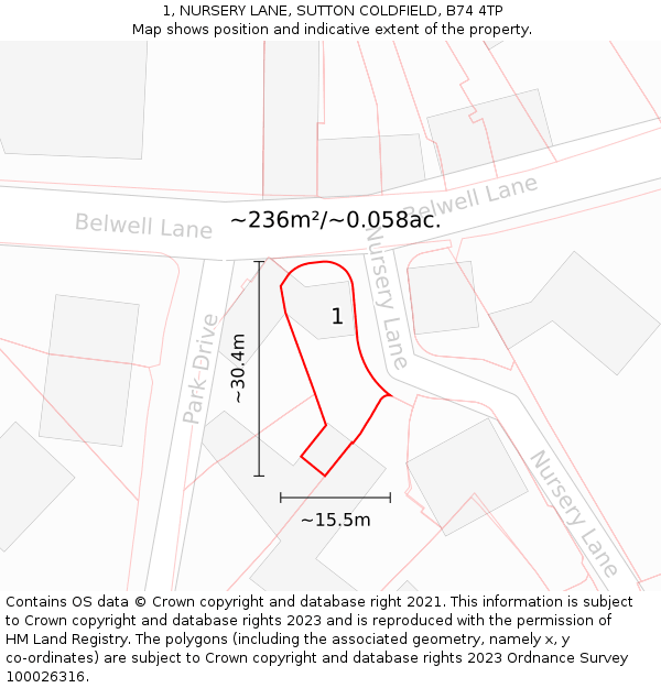 1, NURSERY LANE, SUTTON COLDFIELD, B74 4TP: Plot and title map