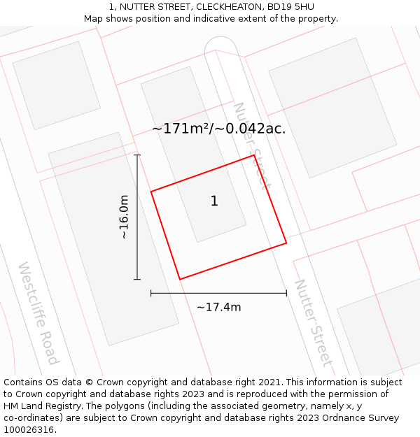 1, NUTTER STREET, CLECKHEATON, BD19 5HU: Plot and title map