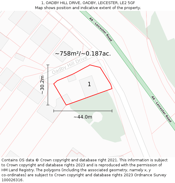 1, OADBY HILL DRIVE, OADBY, LEICESTER, LE2 5GF: Plot and title map