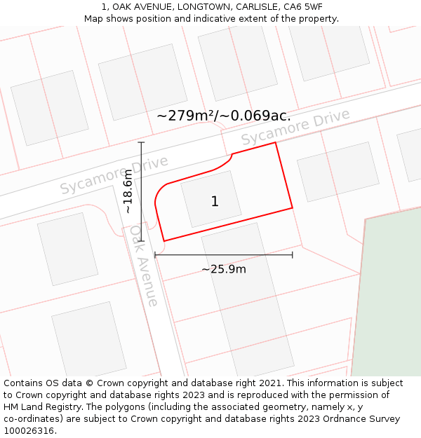 1, OAK AVENUE, LONGTOWN, CARLISLE, CA6 5WF: Plot and title map