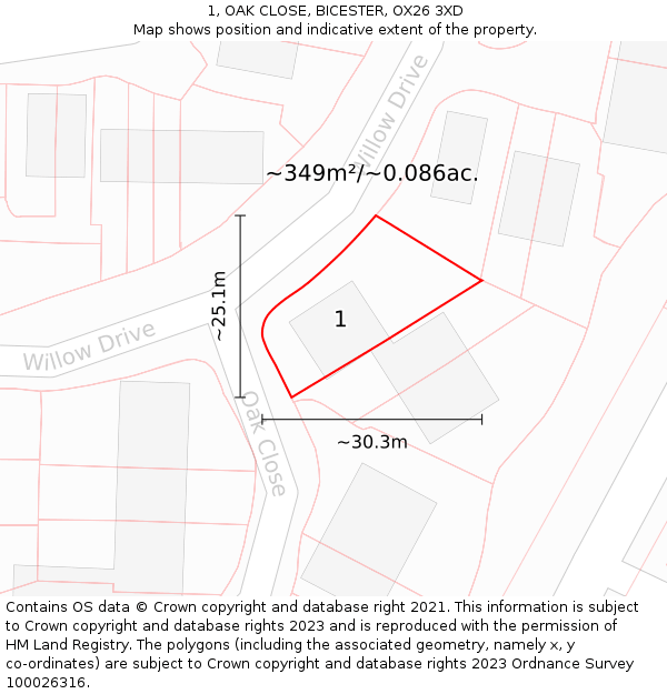 1, OAK CLOSE, BICESTER, OX26 3XD: Plot and title map