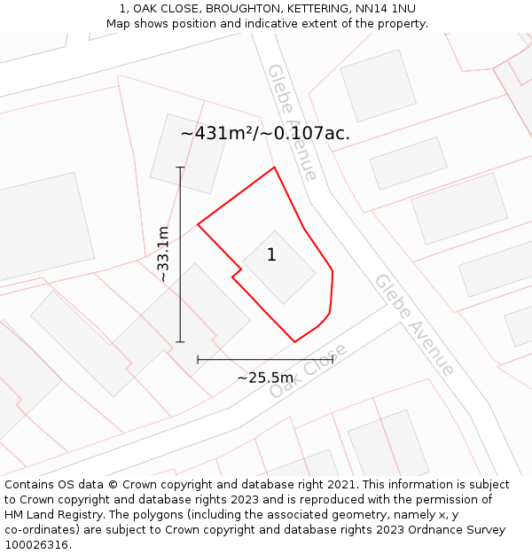1, OAK CLOSE, BROUGHTON, KETTERING, NN14 1NU: Plot and title map