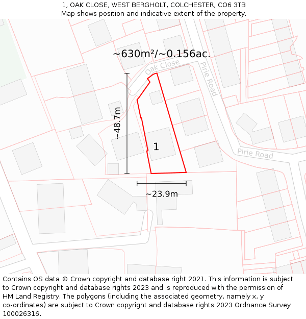 1, OAK CLOSE, WEST BERGHOLT, COLCHESTER, CO6 3TB: Plot and title map