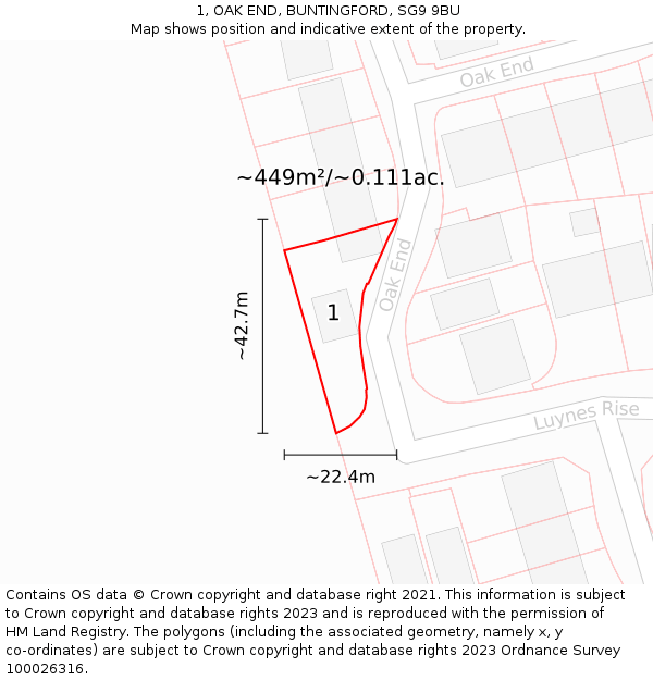 1, OAK END, BUNTINGFORD, SG9 9BU: Plot and title map