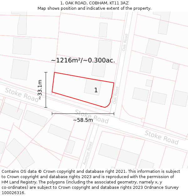 1, OAK ROAD, COBHAM, KT11 3AZ: Plot and title map