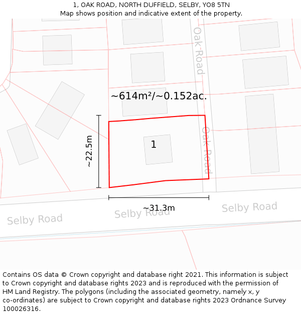 1, OAK ROAD, NORTH DUFFIELD, SELBY, YO8 5TN: Plot and title map