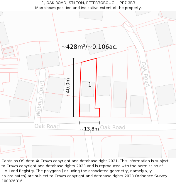 1, OAK ROAD, STILTON, PETERBOROUGH, PE7 3RB: Plot and title map