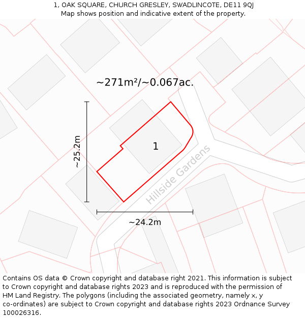 1, OAK SQUARE, CHURCH GRESLEY, SWADLINCOTE, DE11 9QJ: Plot and title map