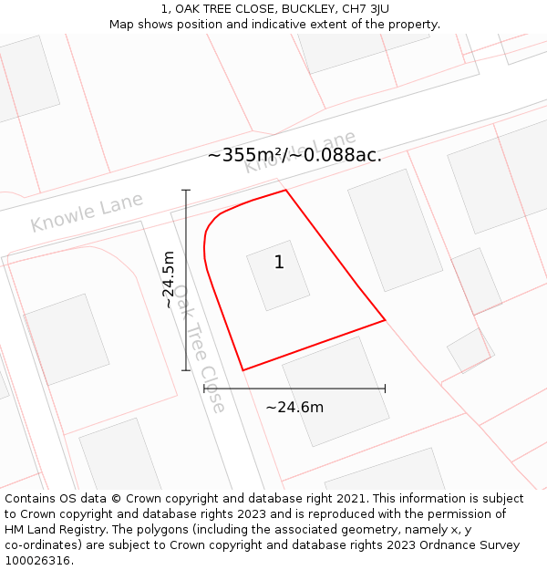 1, OAK TREE CLOSE, BUCKLEY, CH7 3JU: Plot and title map