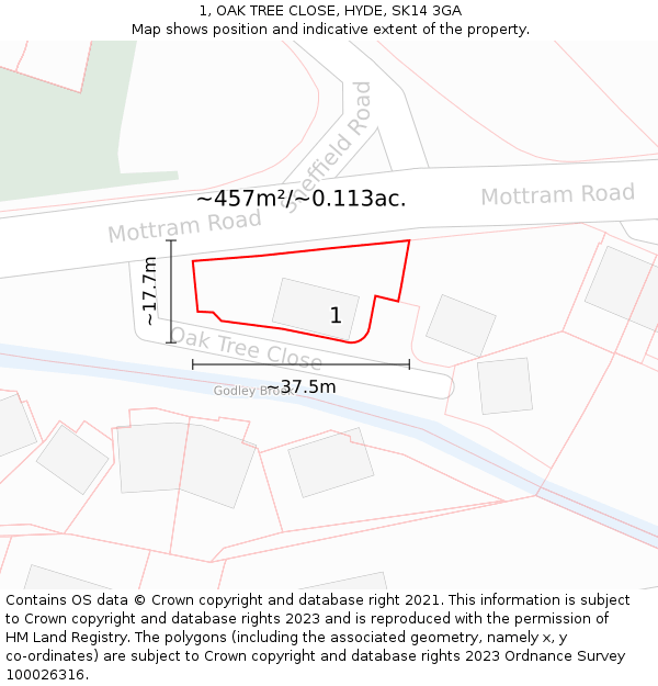 1, OAK TREE CLOSE, HYDE, SK14 3GA: Plot and title map