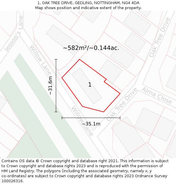 1, OAK TREE DRIVE, GEDLING, NOTTINGHAM, NG4 4DA: Plot and title map