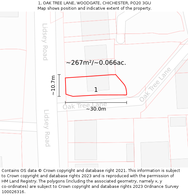 1, OAK TREE LANE, WOODGATE, CHICHESTER, PO20 3GU: Plot and title map