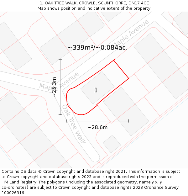 1, OAK TREE WALK, CROWLE, SCUNTHORPE, DN17 4GE: Plot and title map